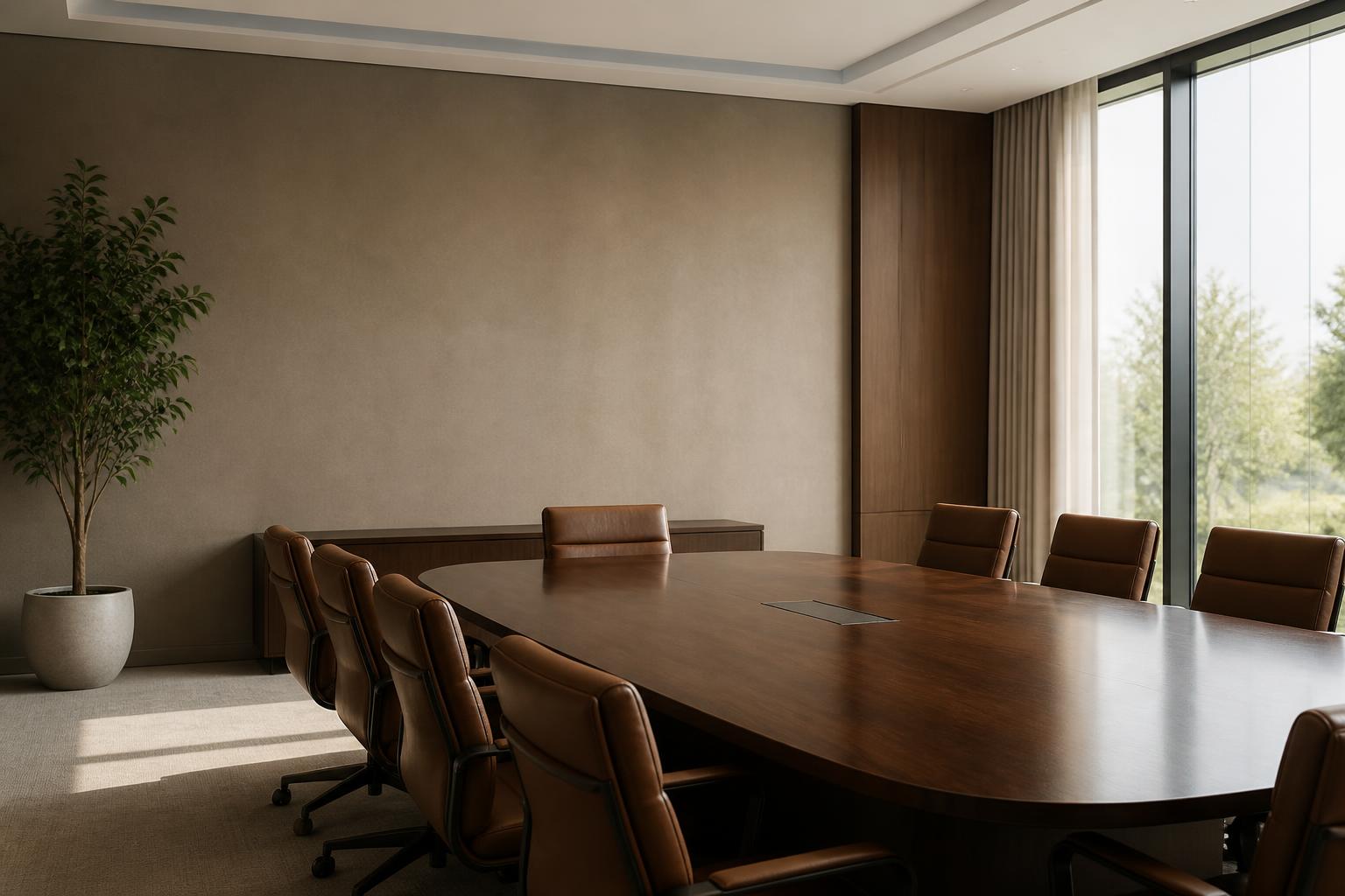 Calm modern conference room with open space for text.