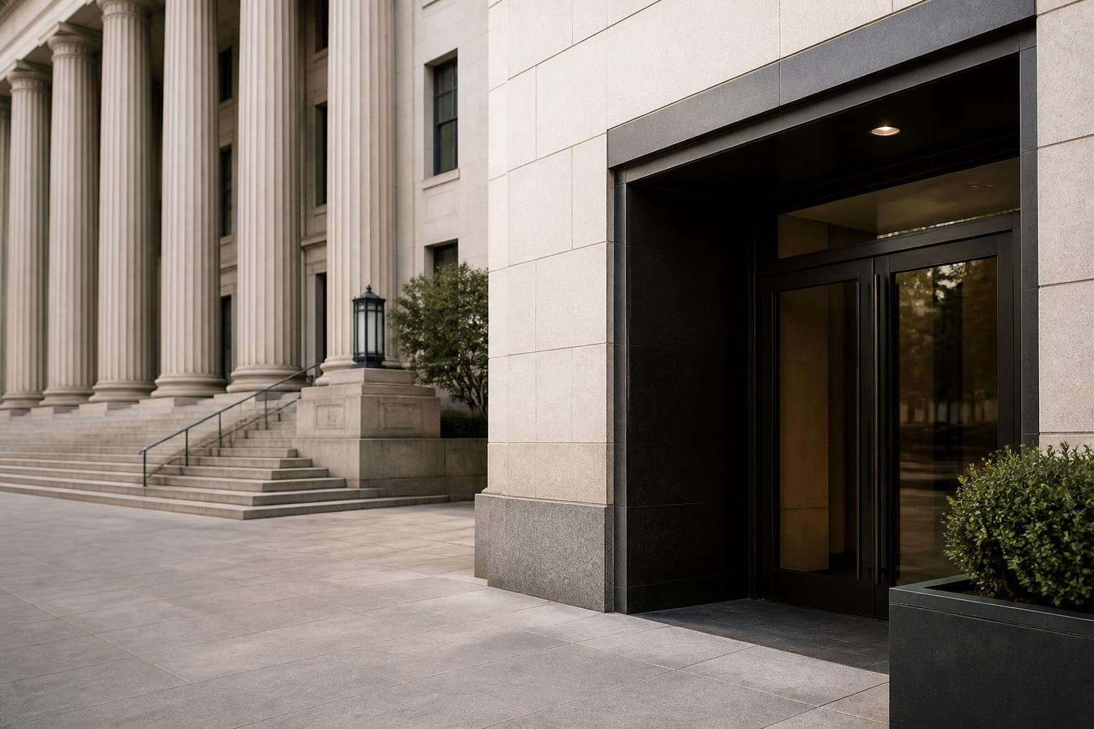 Modern courthouse exterior beside a polished law office entrance.