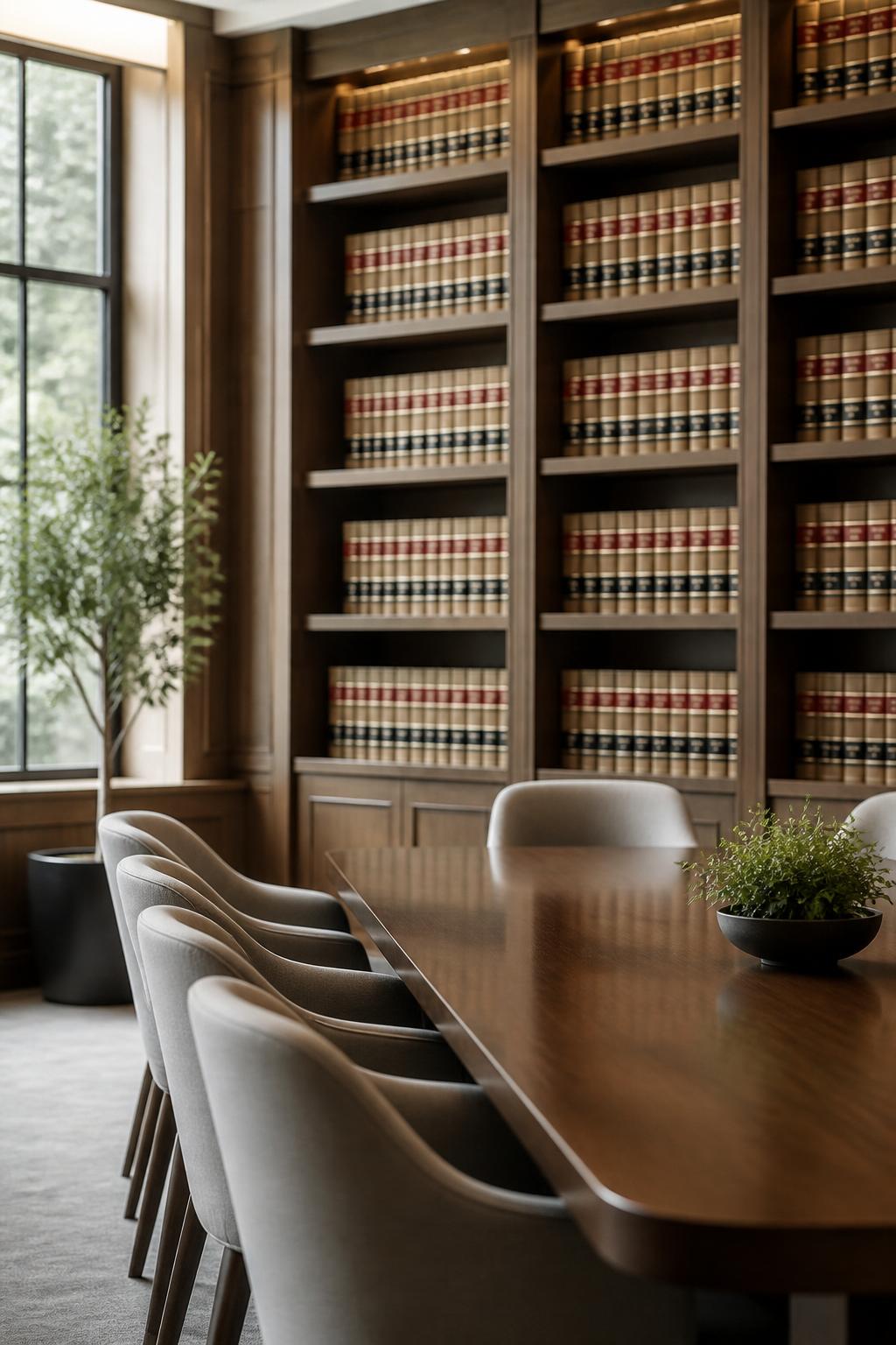 Modern legal library with wood shelving and soft natural light.